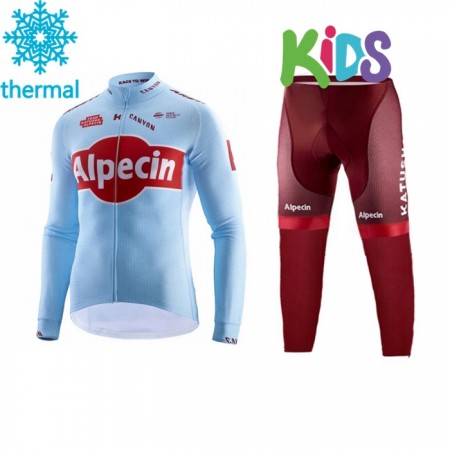 Set Wielershirt Lange Mouw + Fietsbroek Lang 2019 Team Katusha Alpecin Kids N001 Winter Thermal Fleece